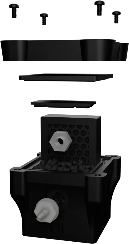 The Air Guard opened out, showing the lid screws, the H11 HEPA membrane, the activated carbon basket and the housing with its marked inlet